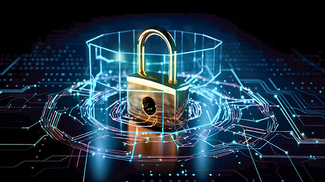 Gros cadenas doré, entouré de flux informatiques, représentant la meilleure sécurisation des données grâce à un logiciel SaaS