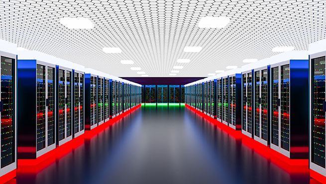 Data center lumineux, rempli de serveurs dédiés à la sauvegarde externalisée de données