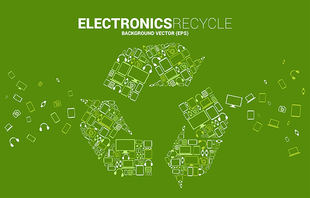 Logo de recyclage constitué d’appareils informatiques et électroniques, blanc sur fond vert
